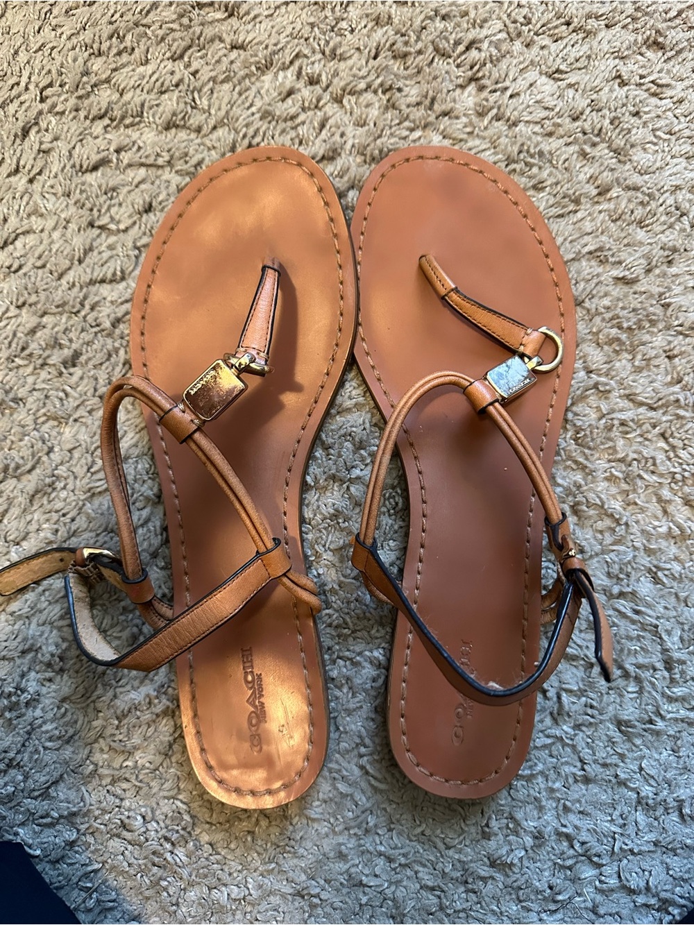 Coach Tan Leather T-Strap Sandals with Gold Hardware